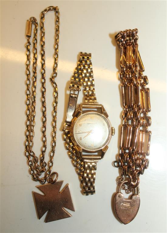 Gold bracelet, ladies watch, pendant & chain